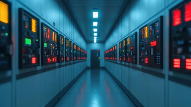 Automated biofuel plant interior with futuristic control panels, fuel processing technology  biofuel  efficiency