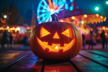Fototapeta premium Spooky carved pumpkin with glowing eyes on wooden table, against festive Halloween background with carnival ride and colorful lights.