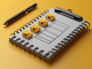 A notepad with checkboxes and a pen, perfect for organizing tasks and improving productivity on a bright yellow background.