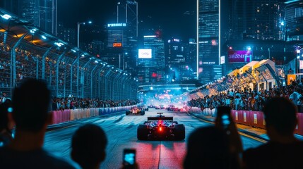 Panoramic image of vibrant nighttime scene of a Formula 1 race in a city setting. Tribune of spectators watching race event