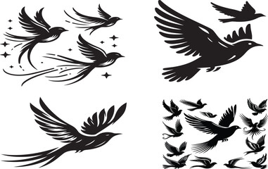 Obraz premium Print Flying birds silhouettes on white background. Vector illustration. isolated bird flying. tattoo design.