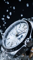 Silver luxury men's watch close up with water splash and water drops close up with space for text or inscriptions. Advertising or banner for a watch shop