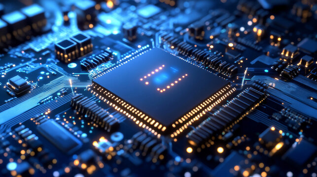 A futuristic microchip processor illuminated with lights against a blue background. This isometric banner highlights the concepts of quantum computing, large data processing, and central computer proc