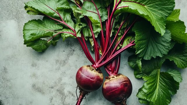 Two fresh beets with green leaves sit on a gray background