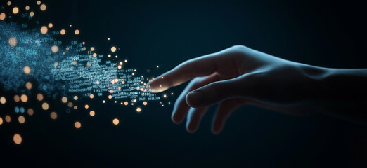 Human hand interacting with streams of digital data and particles, representing the fusion of human and technology, showcasing data manipulation, AI integration, and futuristic innovation