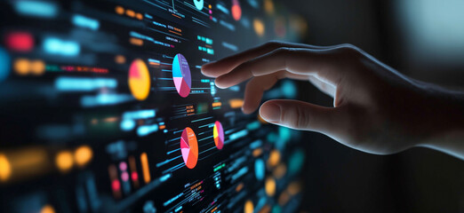 Hand interacting with data visualizations on a digital interface, representing real-time analytics, data analysis, and technology in a futuristic environment
