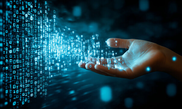 A hand interacting with floating binary code, symbolizing digital technology, data transfer, and the intersection of human and artificial intelligence in a futuristic tech environment