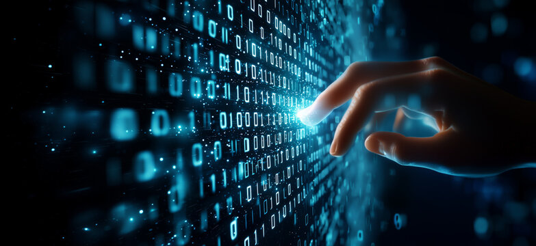 Human hand interacting with a wall of binary code, symbolizing digital interaction and the interface between humans and technology in a futuristic digital world