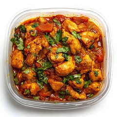 Fototapeta premium Top view of a plastic container with chicken karahi isolated on white background