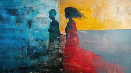 Silhouetted figures in striking colors symbolize the connection between night and day at twilight