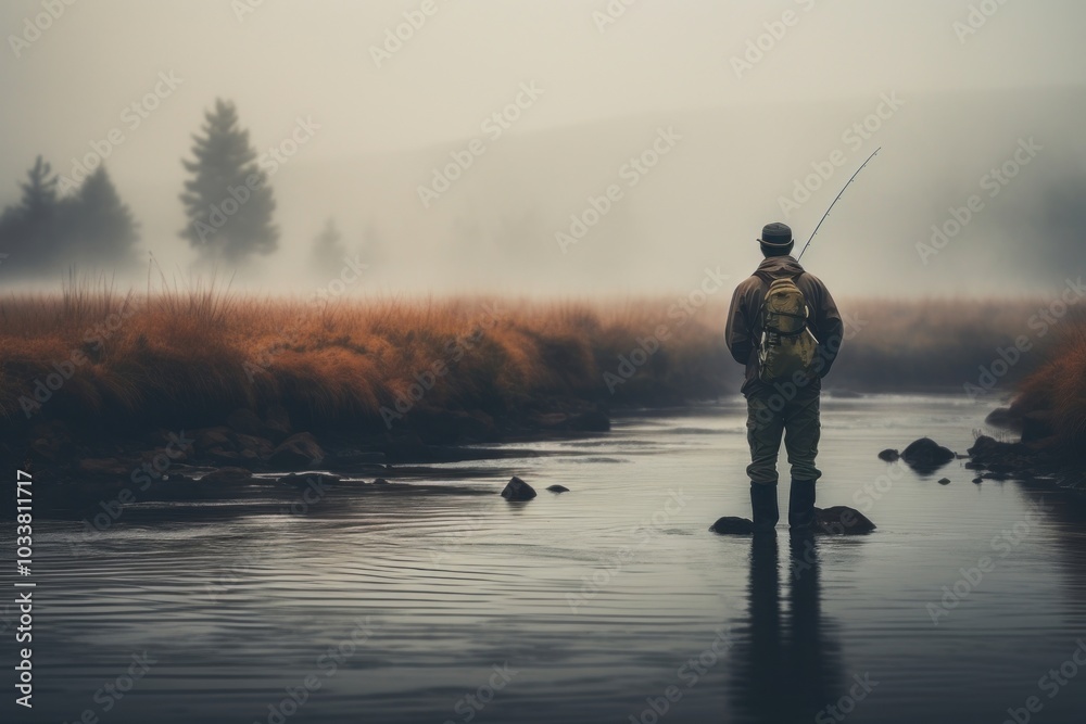 Wall mural Young man flyfishing recreation outdoors nature.