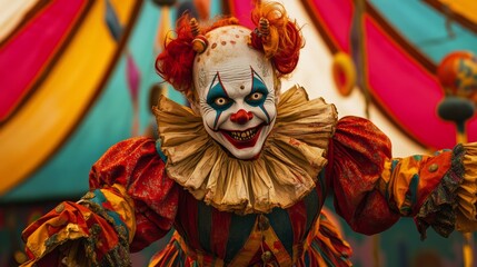 Fototapeta premium Terrifying clown with fiery hair and menacing smile stands in front of circus tent, creating the perfect halloween fright. Sinister jester in chilling costume brings unease to any occasion