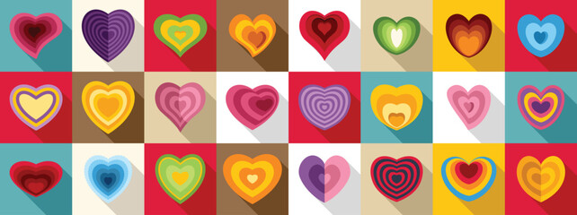Heart tunnel icons set. This vibrant collection of colorful hearts is perfect for conveying love, affection, and romance