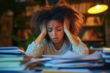 Frustrated woman overwhelmed by paperwork at her cluttered office desk