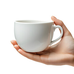 Hand holding white ceramic cup isolated on transparent background
