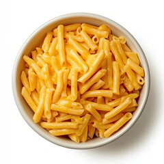 Top view of a porcelain dish with macaroni and cheese isolated on white background