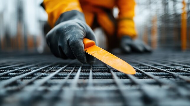 A construction worker in protective gear uses an orange safety knife to work on a metal grid, focusing intently on the task at hand within a structured work environment.