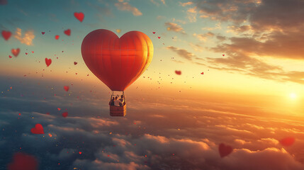 Fototapeta premium A vibrant red heart-shaped hot air balloon floating above scenic landscapes during sunrise. 