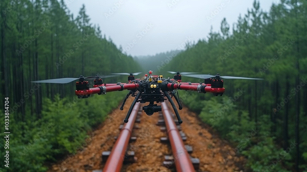 Poster a drone is navigating over railway tracks surrounded by dense green trees in a misty atmosphere, sho