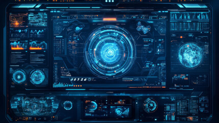 A futuristic HUD military user interface featuring a 3D globe with targeted overlays. The digital screen displays a head-up display dashboard panel, showcasing blue holograms of circular diagrams, emp