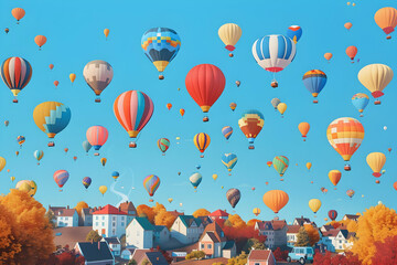 Obraz premium Colorful balloons fly at sunrise and soar over the city against a backdrop of bright blue sky and mountains. Cartoon style. Oil painting