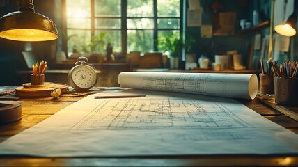 Architectural drawing desk with blueprints and vintage lamp