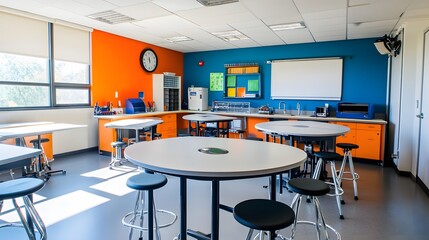 Modern Classroom with Colorful Walls and Round Tables