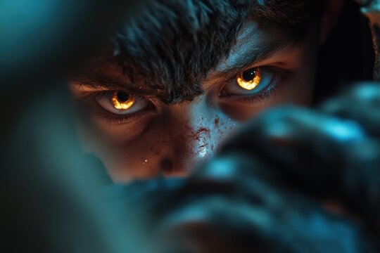 An intense image showing glowing eyes with a fierce expression amid shadows, evoking feelings of mystery and strength, focusing on the eye area.