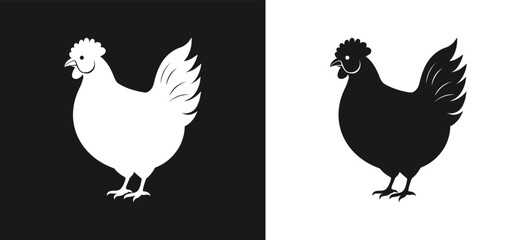 hen and rooster chicken black and white silhouette and icon vector illustration bundle