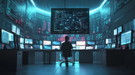 A technician in a system control data center operates multiple screens displaying neural network and data mining activities. The room is bright and filled with monitors showcasing active neural networ