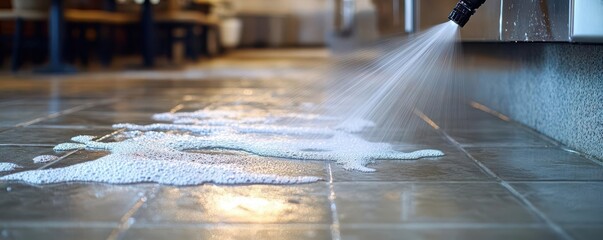 High-pressure hose cleaning tiled restaurant kitchen floors, water cascading and shining after a deep cleaning session
