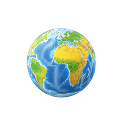 Detailed globe showing continents and oceans, white isolated background.