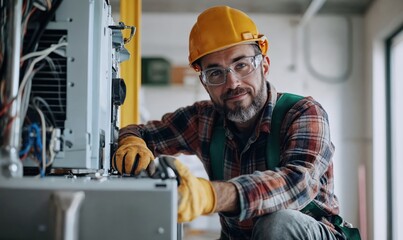 Happy homeowner plumber, HVAC technician, man using a mobile phone in a basement by water heater, burner, duct work. DIY repair or install, happy with work done, quote