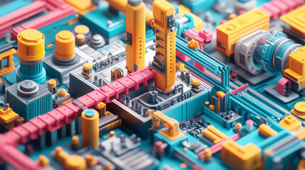 An abstract, colorful machine representing Industry 4.0, viewed from above, set on a textured background in a 3D illustration.



