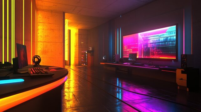 A futuristic gaming den with a massive widescreen monitor, RGB-lit peripherals, and colorful ambient lighting along the walls