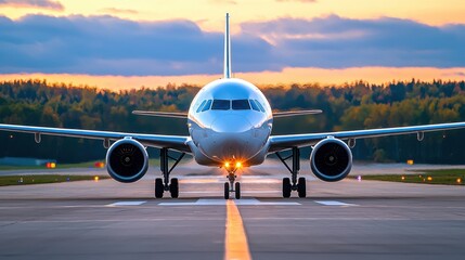 Airplane on runway during sunset, showcasing colors and serene atmosphere.