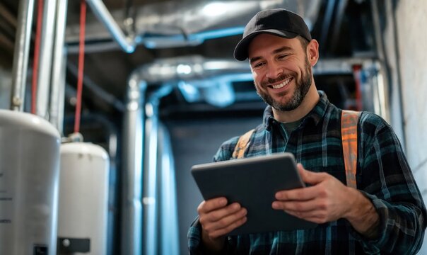 Happy homeowner plumber, HVAC technician, man using a mobile phone in a basement by water heater, burner, duct work. DIY repair or install, happy with work done, quote