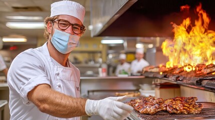Chef grilling meat in a busy kitchen setting.