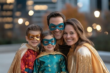 A joyful family of four wearing superhero costumes and masks pose together in an urban setting, capturing a moment of fun and imagination.