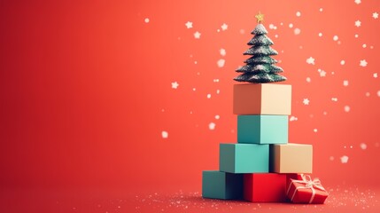 Minimalist Christmas Tree with Gifts on Red Background