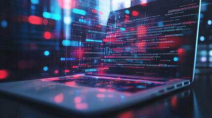 A background image showcasing a laptop concept in technology, featuring business graphs and data analysis processes, highlighting coding, future communication networks, and software development.



