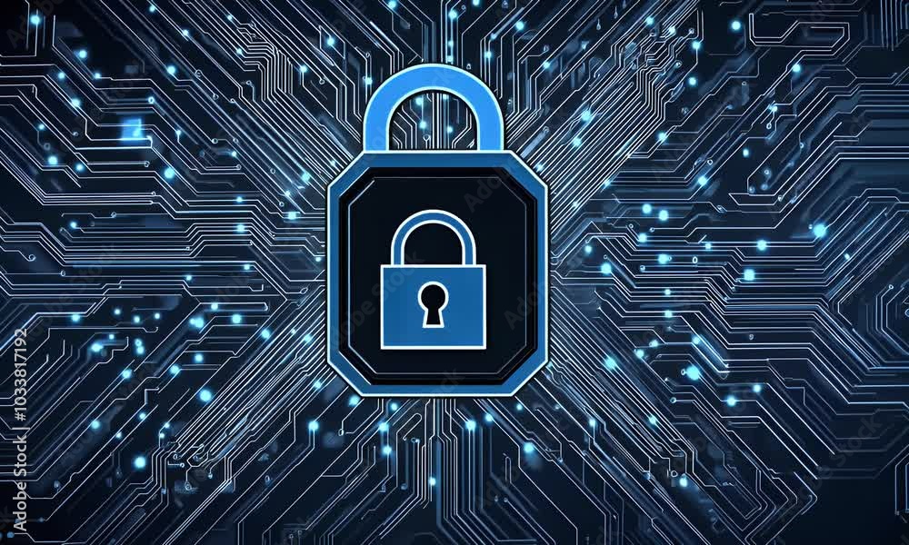 Poster blue digital security background with a lock symbol and circuit board patterns, representing data pr