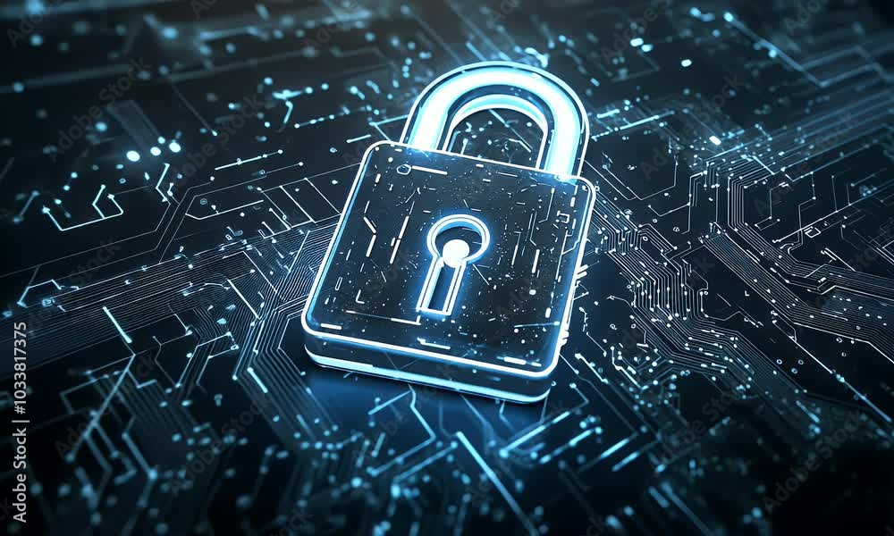 Poster blue digital security background with a lock symbol and circuit board patterns, representing data pr