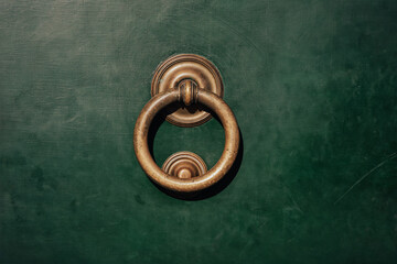 Vintage antique brass door knocker as a ring on the old dark green wooden door. Decorative element...