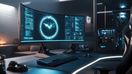 Naklejka premium A modern gaming setup featuring a curved monitor, a glowing mechanical keyboard, and soft LED ambient lighting surrounding the desk