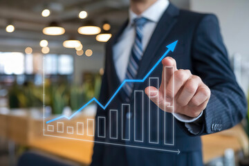 A businessman in a suit analyzes a projected growth graph in a modern office setting, symbolizing business success, financial progress, and strategic planning