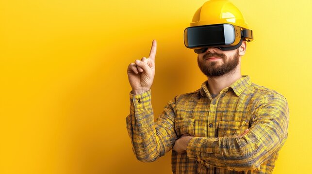 Integration of augmented reality (AR) glasses for warehouse workers, Man with a virtual reality headset and a hard hat pointing upwards against a bright yellow background.