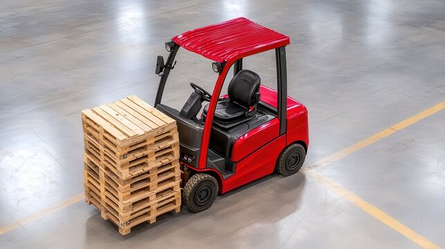 Warehouse operations, Red forklift transporting wooden pallets in a warehouse setting.