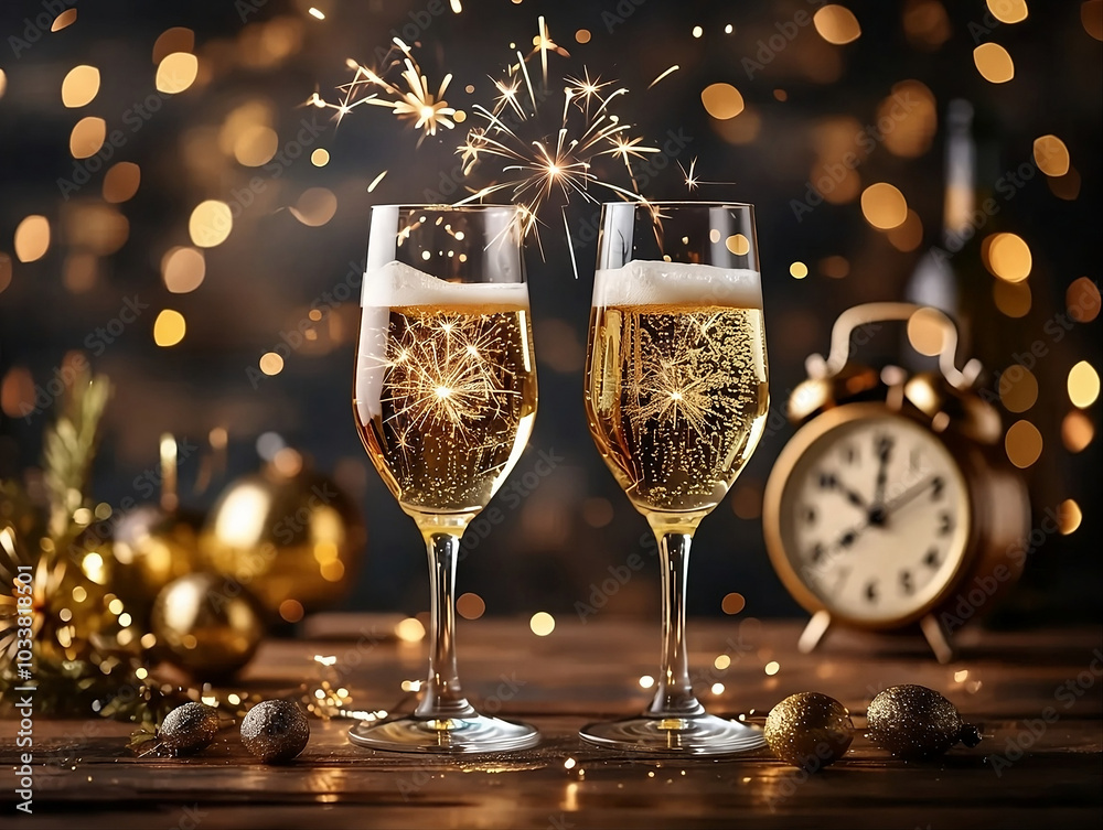 Wall mural two champagne glasses filled with sparkling wine, with fireworks in the background. a clock strikes 