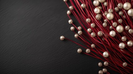 A decorative arrangement of red and gold beads along with ivory pearls on a black textured surface, creating an elegant and luxurious artistic presentation.